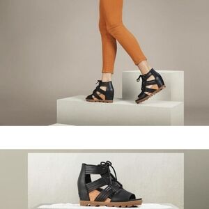 Sorel Joanie II Lace Huarache Black and Tan Wedge Sandals. Size 7.5